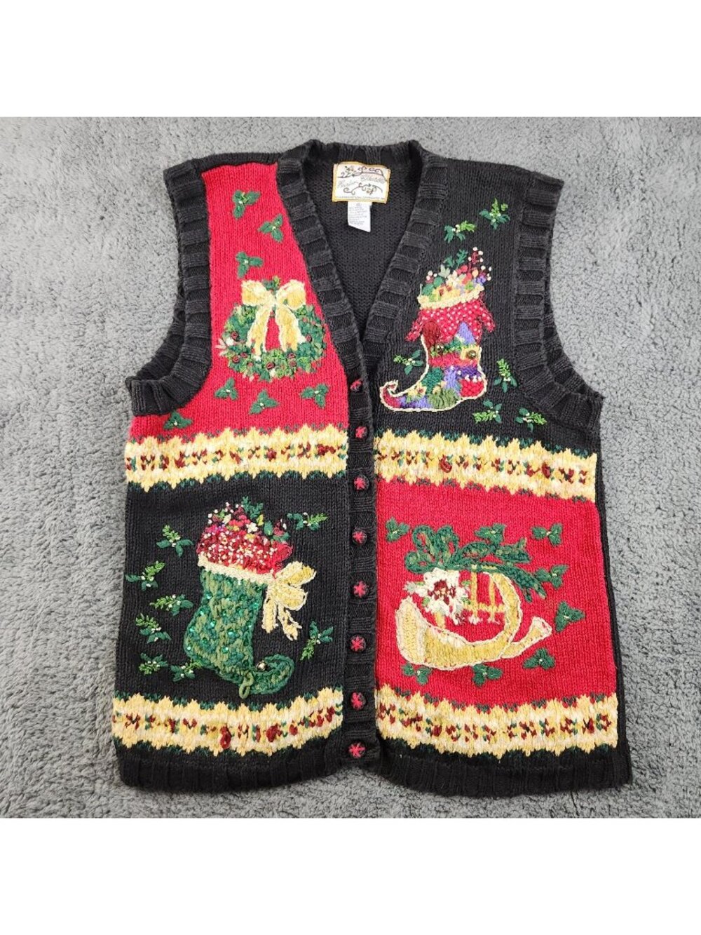 VTG Holiday Christmas 3D Cardigan Sweater Extra Large Embroidered Embellished‎